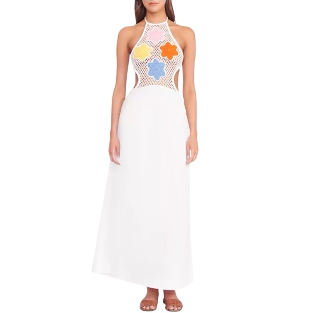 New STAUD Kaylee Crochet Bodice White Floral Cotton Halter Dress Small